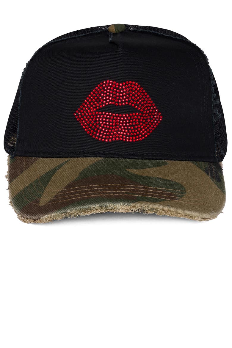 Jilly Crystal Red Lip Trucker Hat, Alternate, color, Black Camo