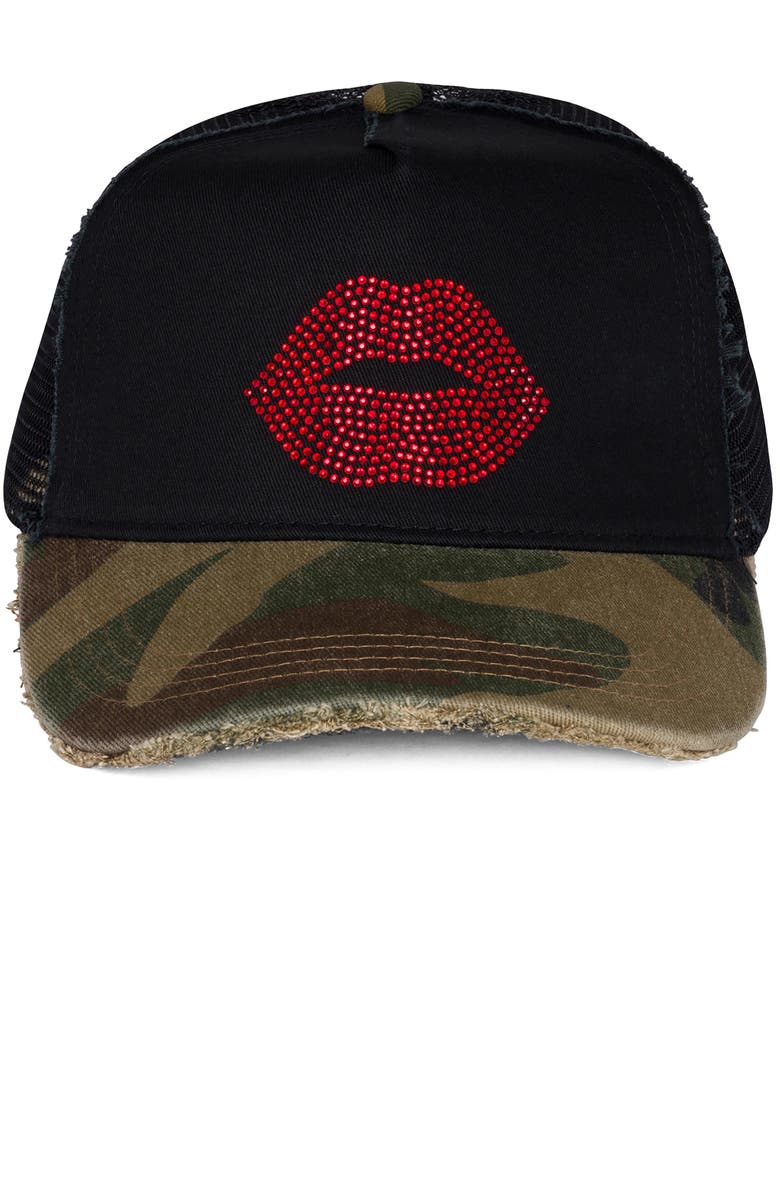 Lauren Moshi Jilly Crystal Red Lip Trucker Hat, Alternate, color, Black Camo