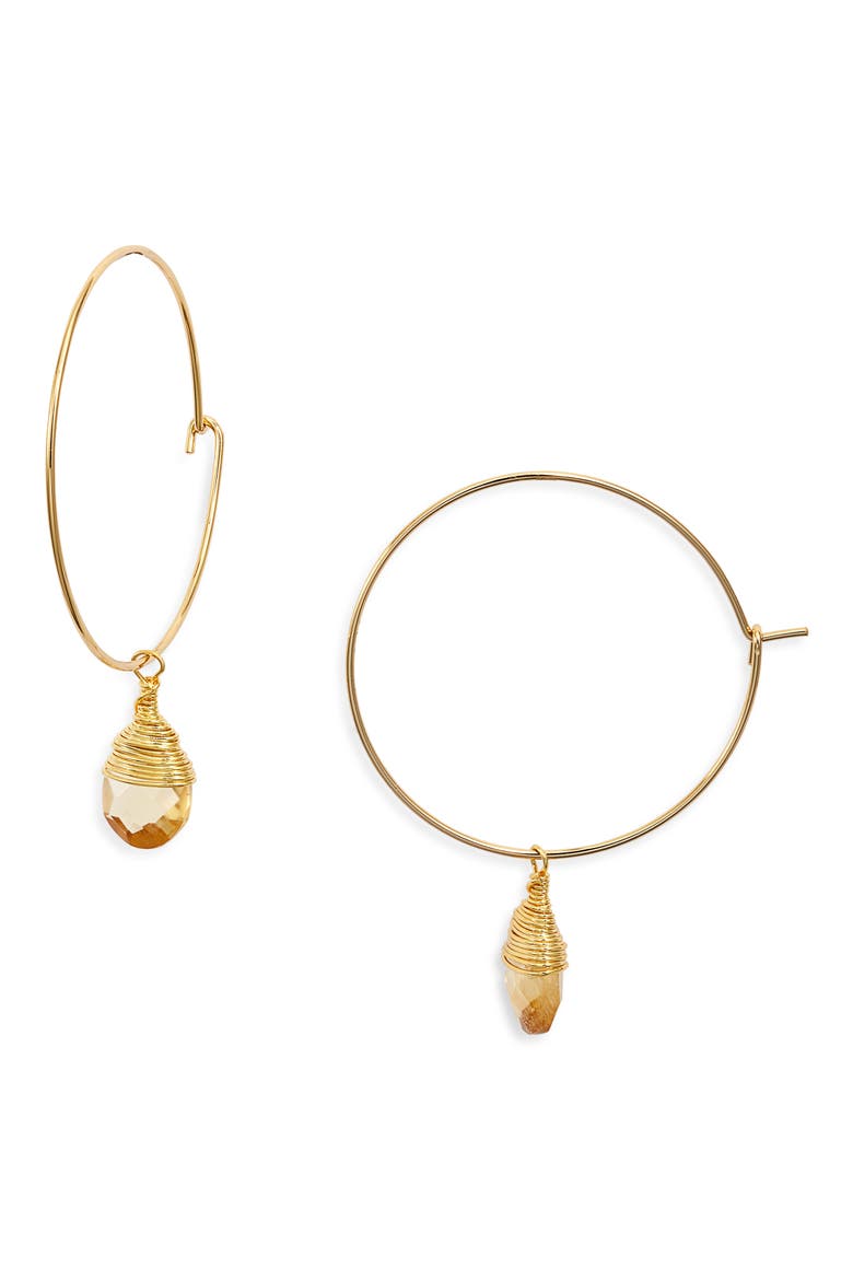 Georgia Semiprecious Stone Drop Hoop Earrings, Main, color, GOLD/ CITRINE