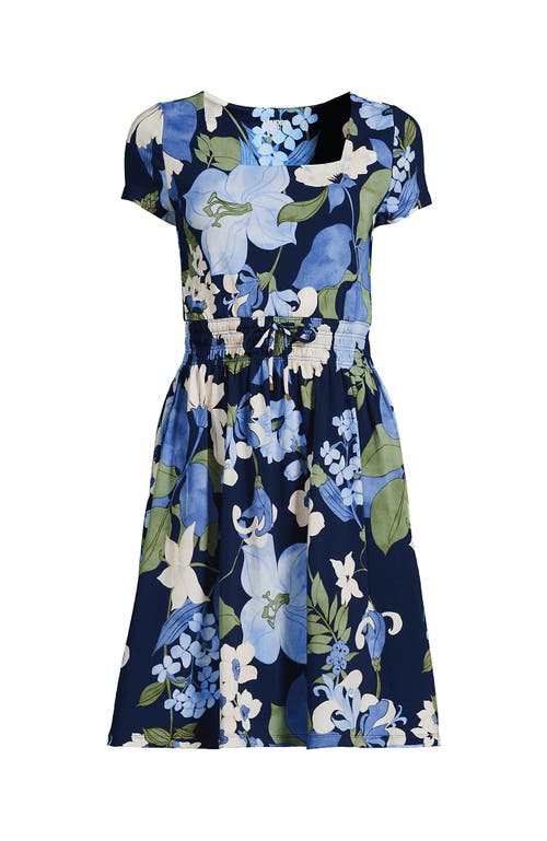 Lands' End Cotton Modal Smocked Waist Dress In Deep Sea Navy Lilies