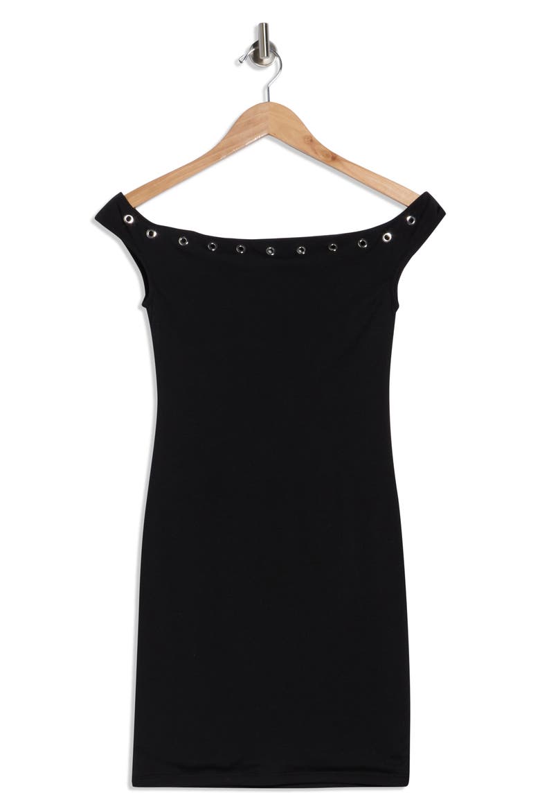 Grommet Trim Off the Shoulder Cap Sleeve Minidress, Alternate, color, BLACK
