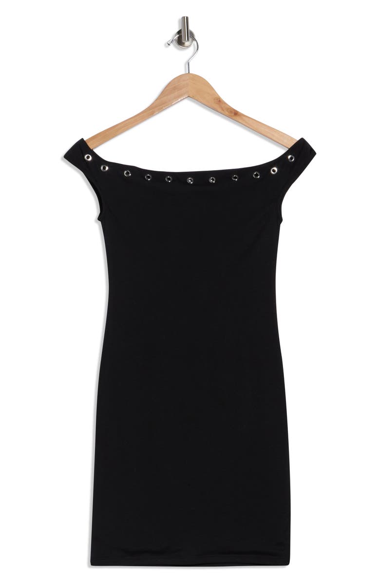 Madden Girl Grommet Trim Off the Shoulder Cap Sleeve Minidress, Alternate, color, Black