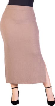 24seven Comfort Apparel Ribbed Knit Side Slit Elastic Waist Maxi Skirt