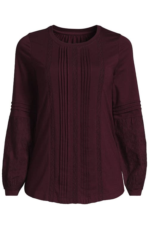 Lands' End Lightweight Jersey Lace Mix Long Sleeve Pintuck Top In Burgundy