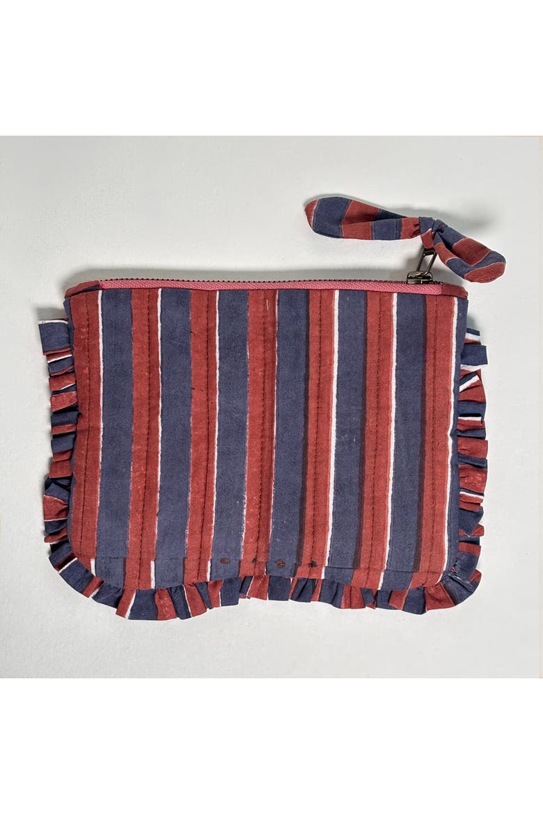 Handcrafted Quilted Cotton Travel Pouch with Frill Trim, Alternate, color, Red and Blue Stripes