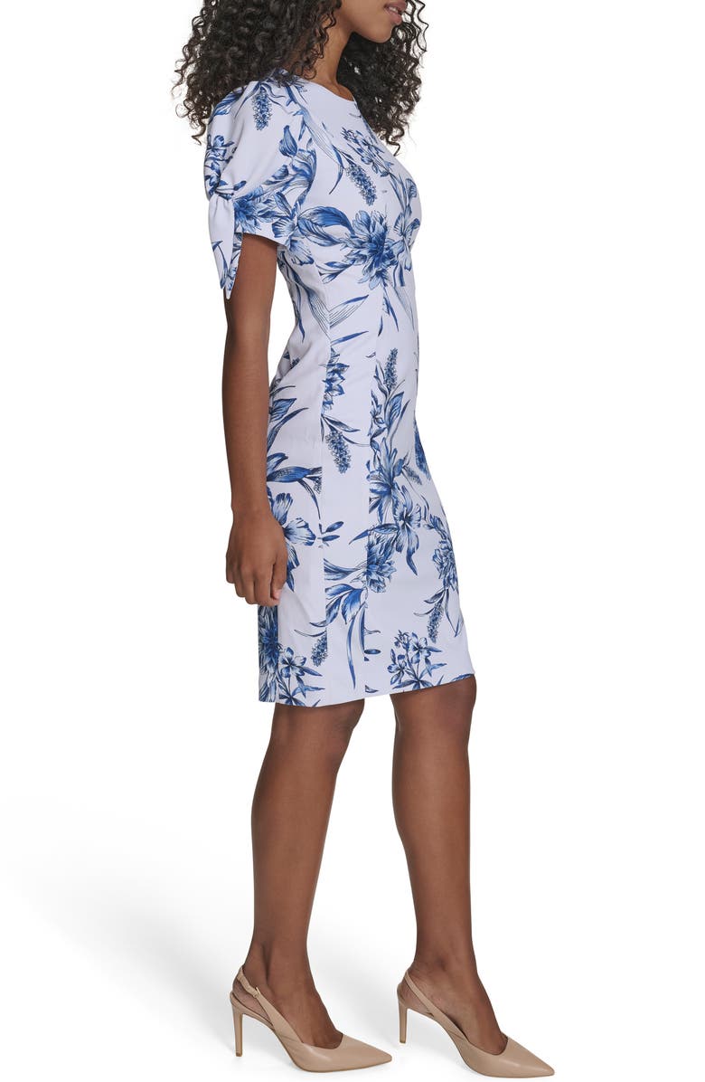 Calvin Klein Floral Tie Short Sleeve Sheath Dress, Alternate, color, Chambray Multi