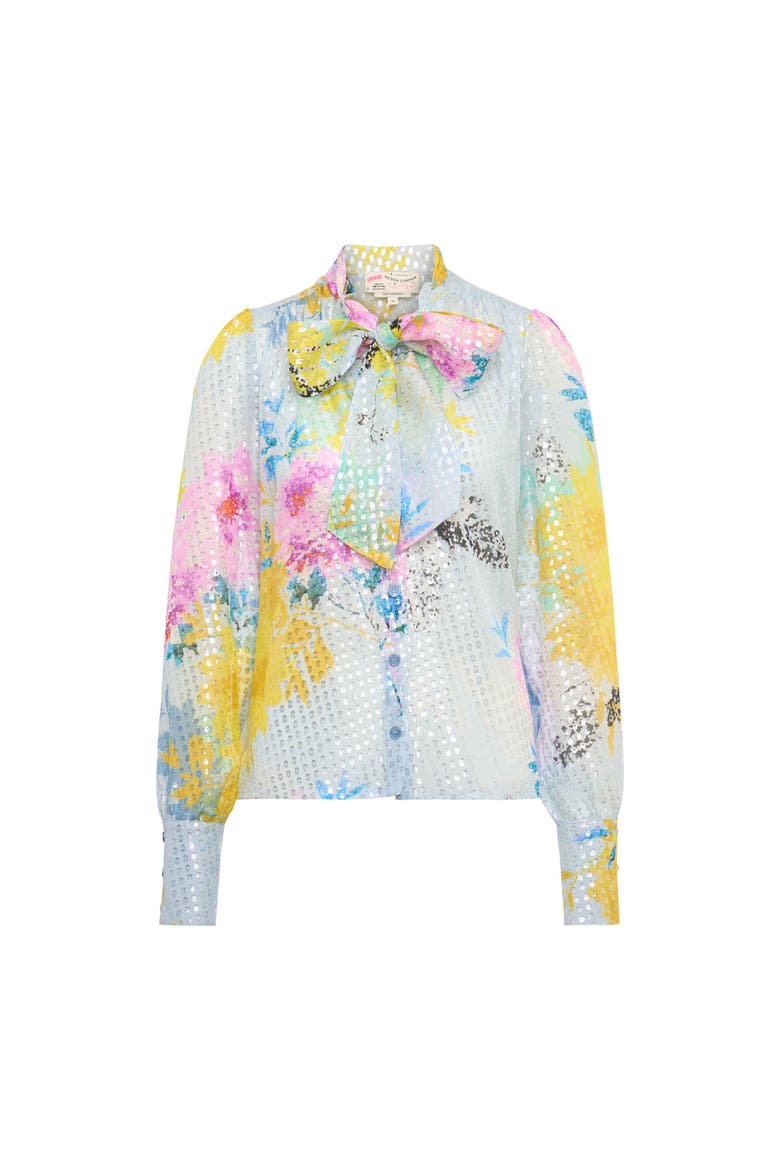 Silk Georgette Tie Neck Blouse, Alternate, color, Blue / Multicolour