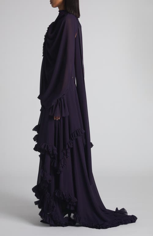 Alexander Mcqueen Mcqueen Draped Ruffle Long Sleeve Silk Georgette Gown In Blue
