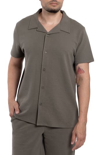 Shop Spring + Mercer Classic Fit Textured Knit Camp Shirt In Dusty Olive