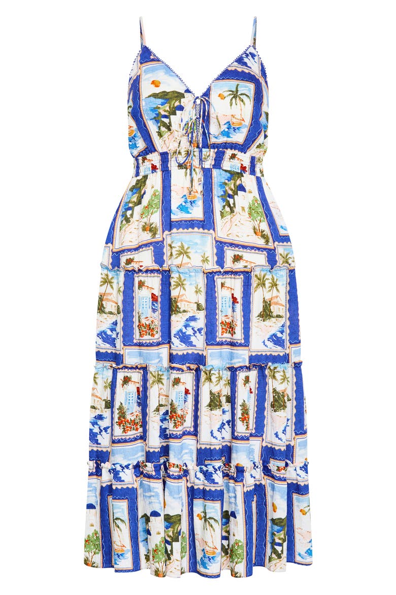 Aiza Postcard Print Tiered Tie Front Maxi Sundress, Main, color, BLUE POSTCARD