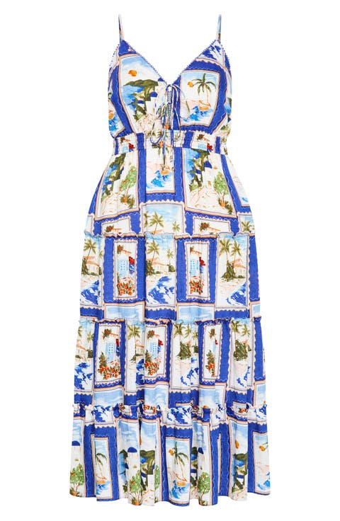 Aiza Postcard Print Tiered Tie Front Maxi Sundress (Plus)