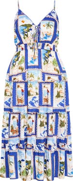 City Chic Aiza Postcard Print Tiered Tie Front Maxi Sundress