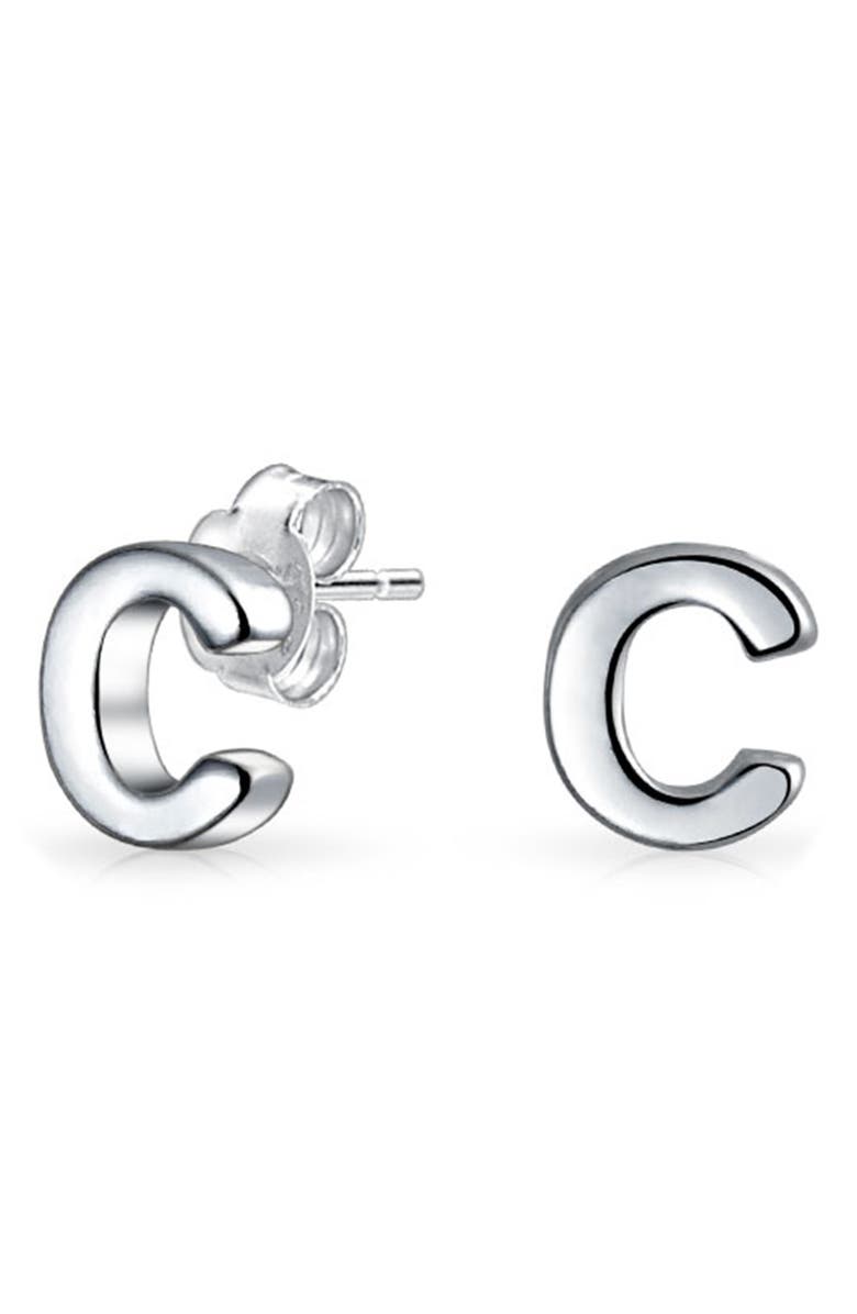BLING JEWELRY Capital ABC Minimalist Stud Earrings - Multiple Letters Available, Main, color, Silver-C