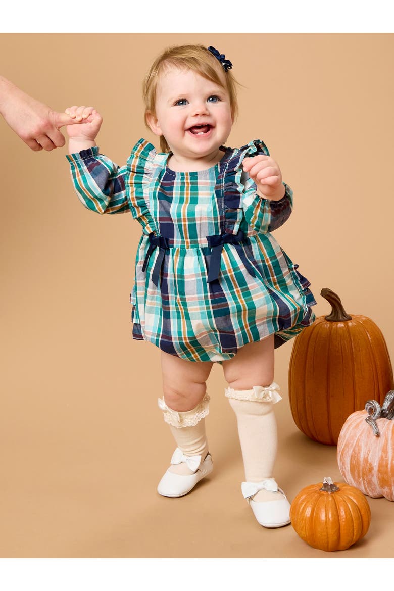 Woven Long Sleeve Waterfall Bow Bubble Romper, Alternate, color, Forrest Plaid