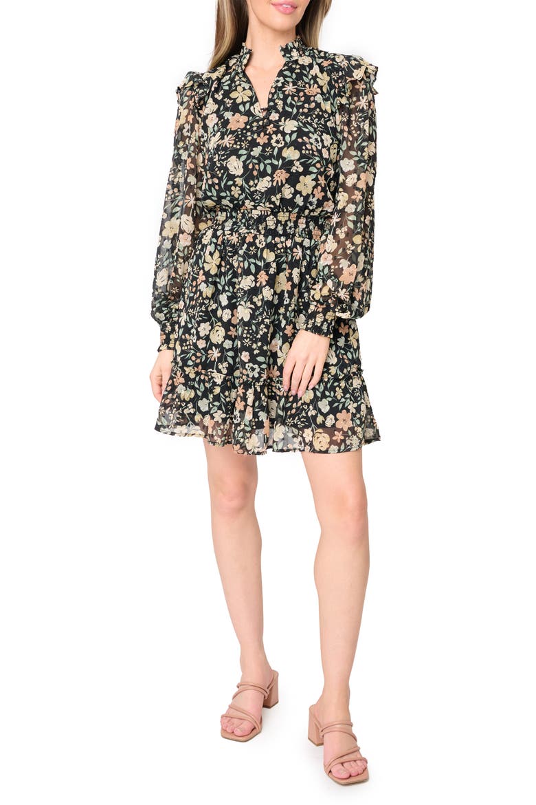 Daphne Long Sleeve Button Front Minidress, Main, color, BLACK MULTI FLORAL