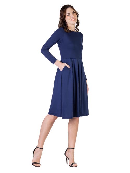 24seven Comfort Apparel Midi Length Fit N Flare Pocket Dress In Blue