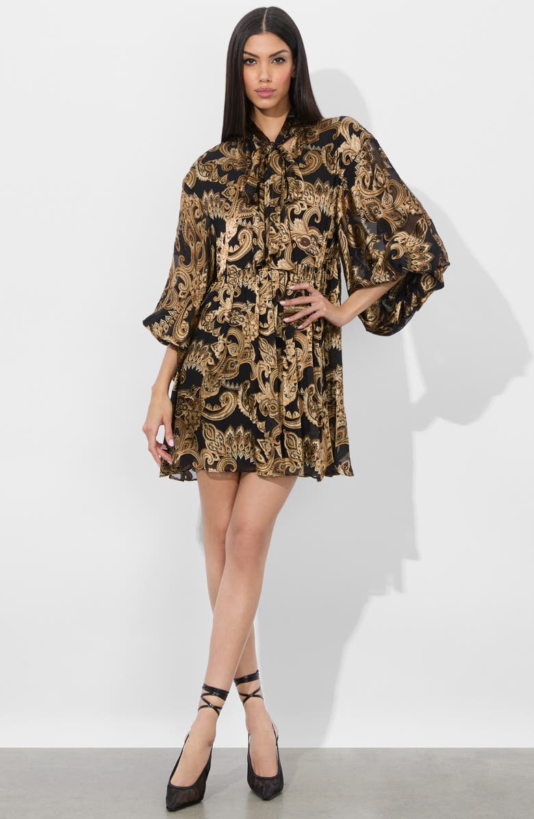 Alice + Olivia Opal Tie Neck Long Sleeve Minidress, Alternate, color, Spring Paisley Black