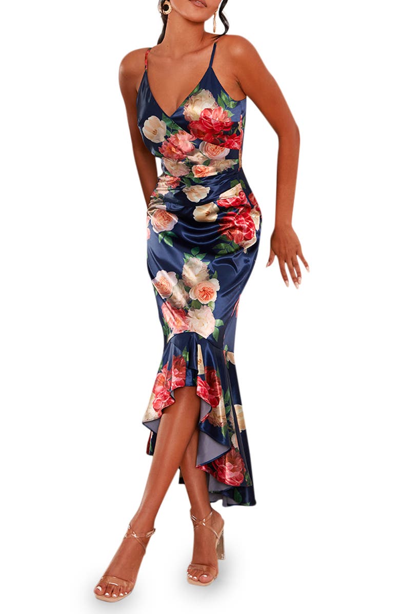 Chi Chi London Floral High-Low Satin Midi Dress, Main, color,