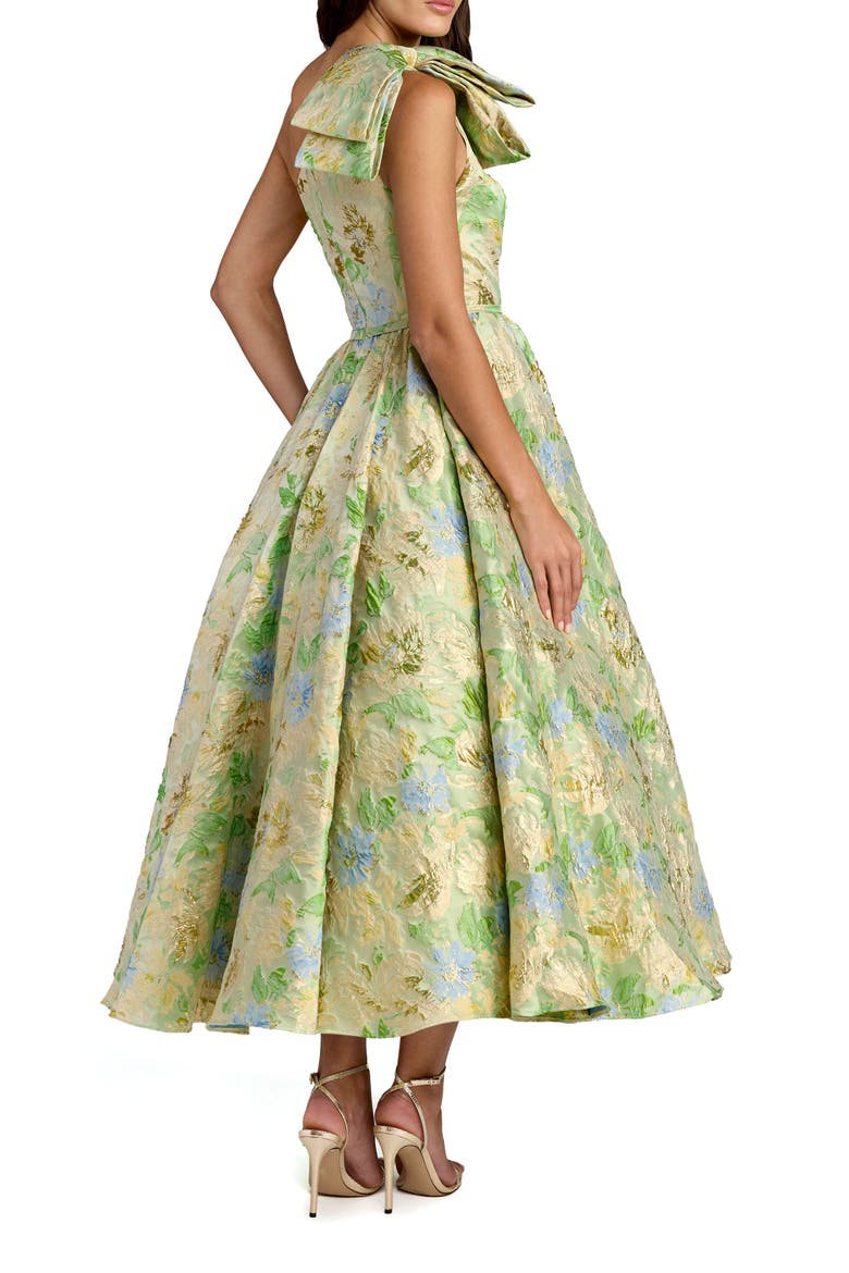 One-Shoulder Floral Brocade Midi Dress with Bow Detail, Alternate, color, Green Multi