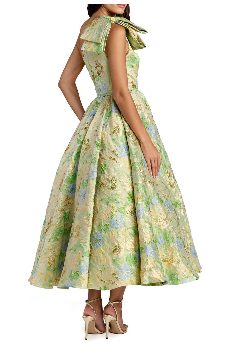 Mac Duggal One-Shoulder Floral Brocade Midi Dress with Bow Detail, Alternate, color, Green Multi
