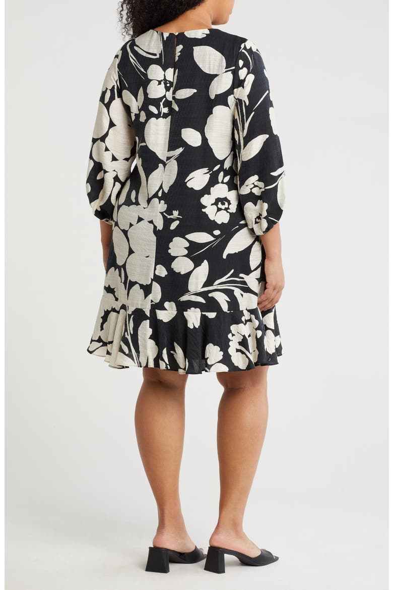 Floral Short Sleeve Flounce Hem Shift Dress, Alternate, color, BLACK IVORY