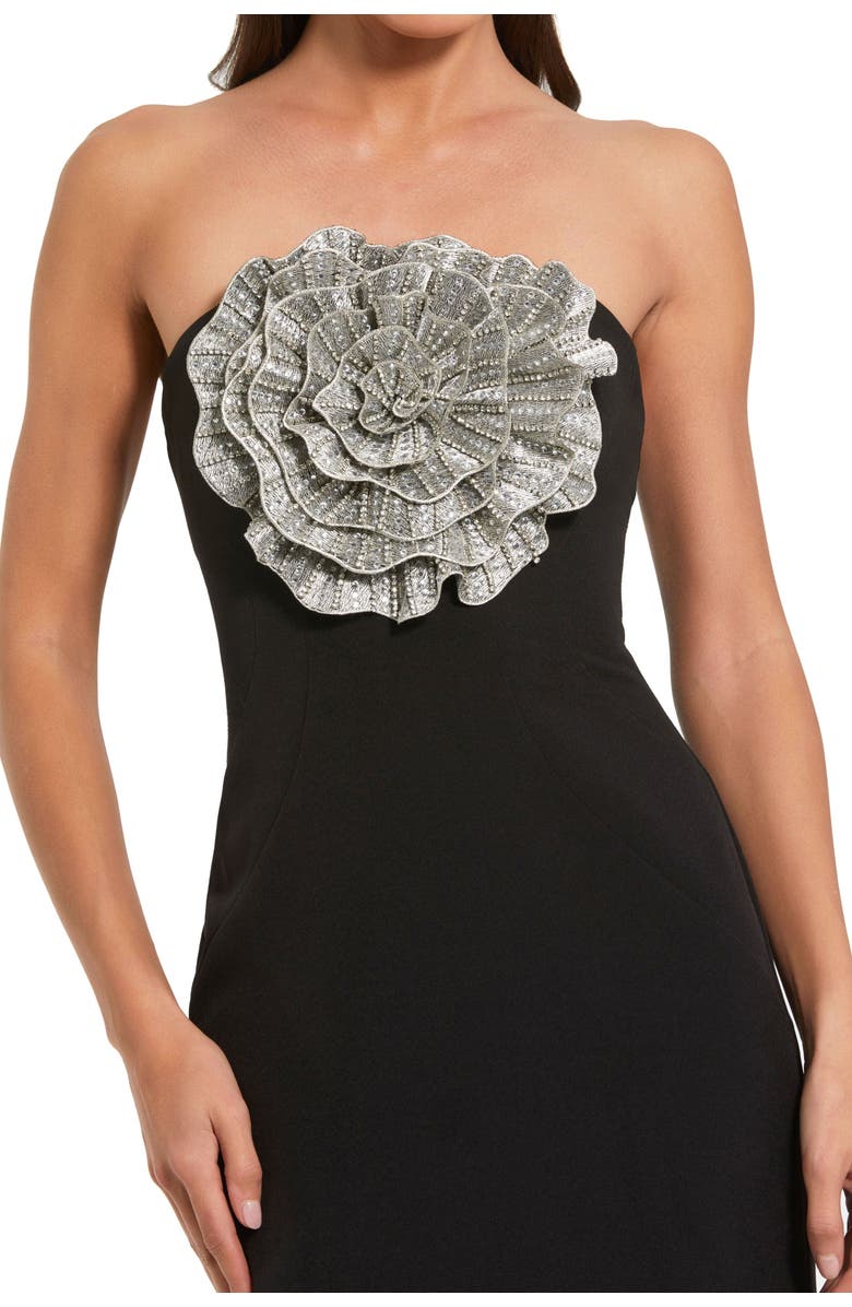 Mac Duggal Crepe Strapless Gown With 3D Rhinestone Flower, Alternate, color, Black