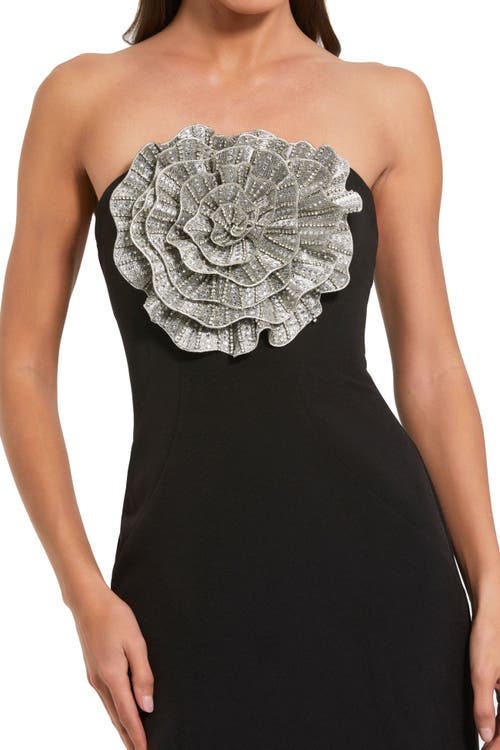Mac Duggal Crepe Strapless Gown With 3d Rhinestone Flower In Black