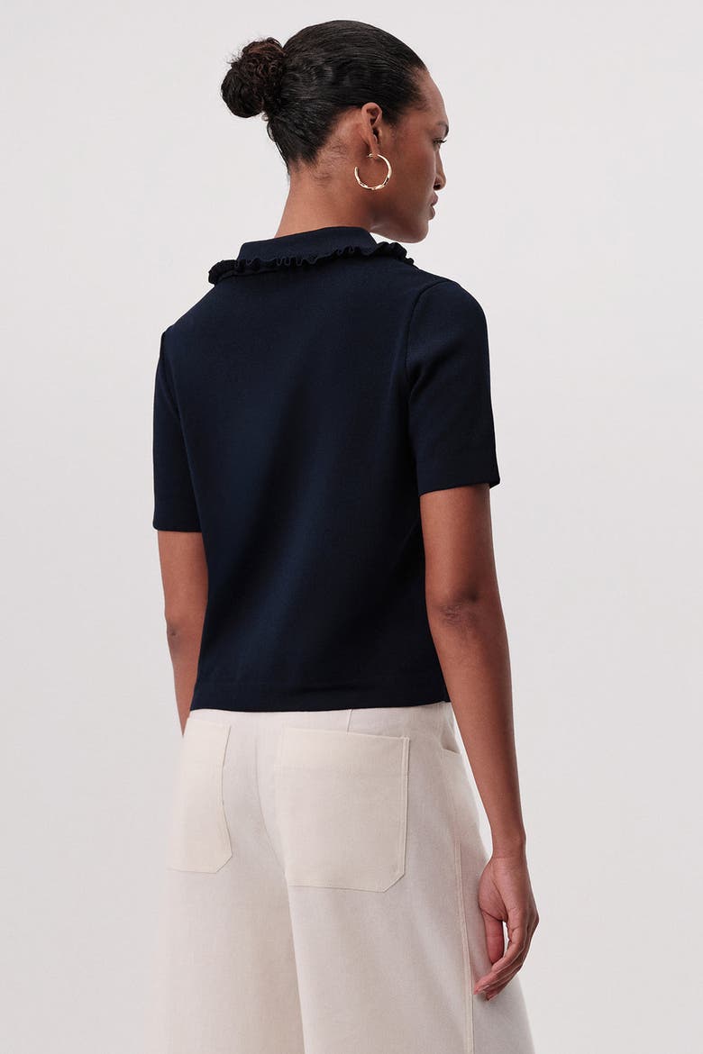 Parker Ruffle Collar Short Sleeve Knit Blouse, Alternate, color, Navy