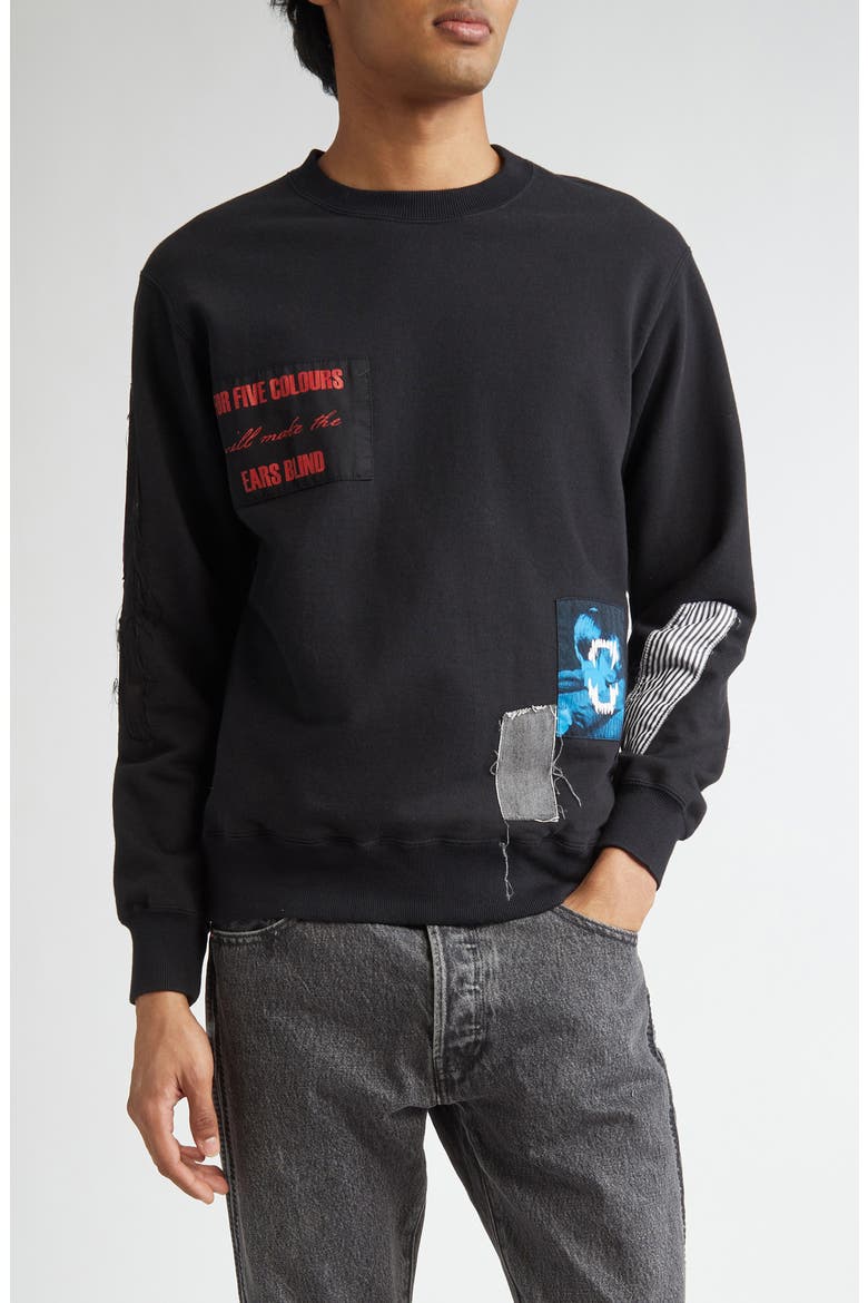 Distressed Patchwork Cotton French Terry Sweatshirt, Main, color, BLACK