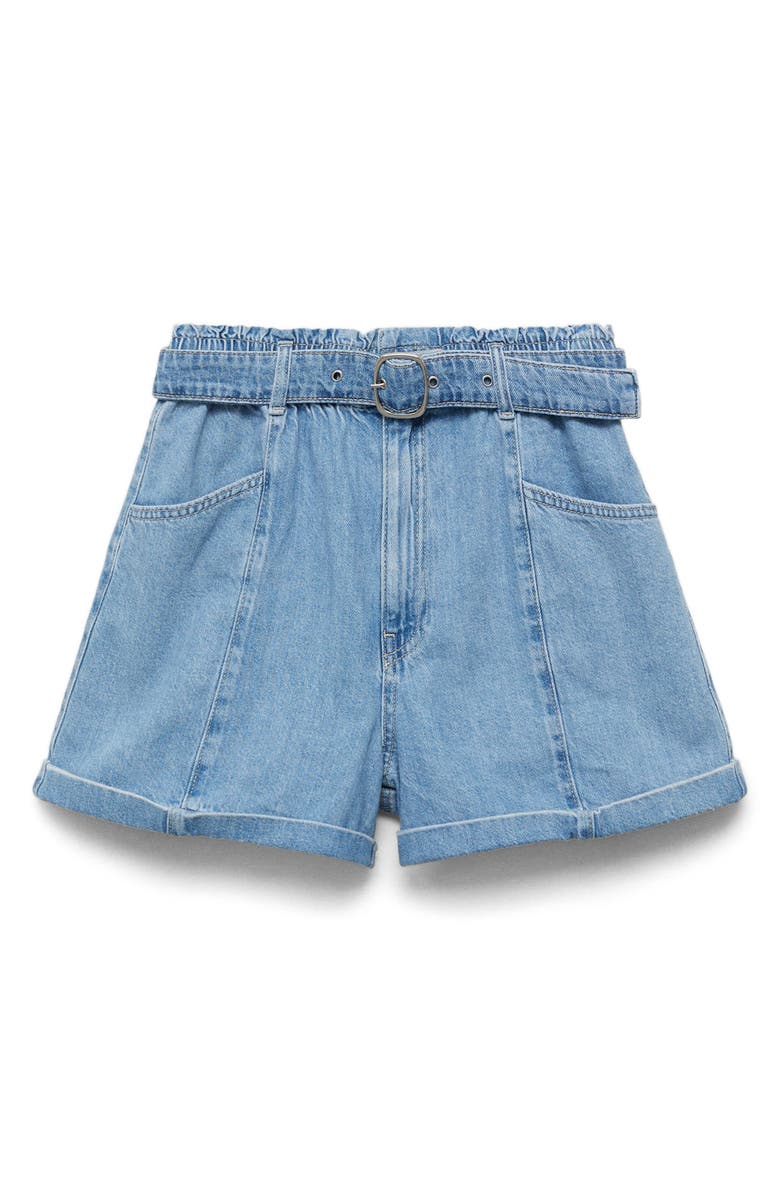 MANGO Belted Paperbag Denim Shorts, Main, color, Medium Blue