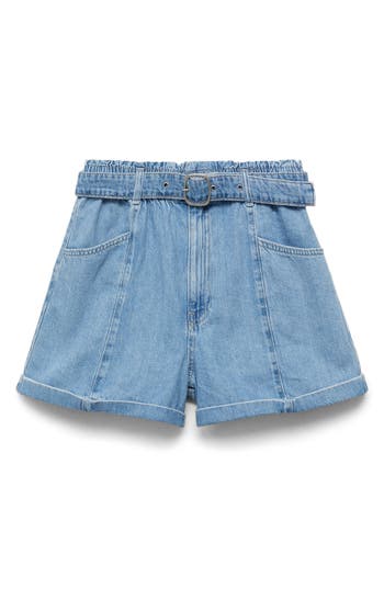 Mango Belted Paperbag Denim Shorts In Blue