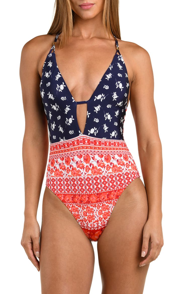 Flowers & Stripes One-Piece Swimsuit, Alternate, color, RED MULTI