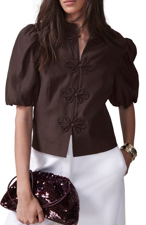Mint Velvet Puff Sleeve Top With Flower Detail In Brown