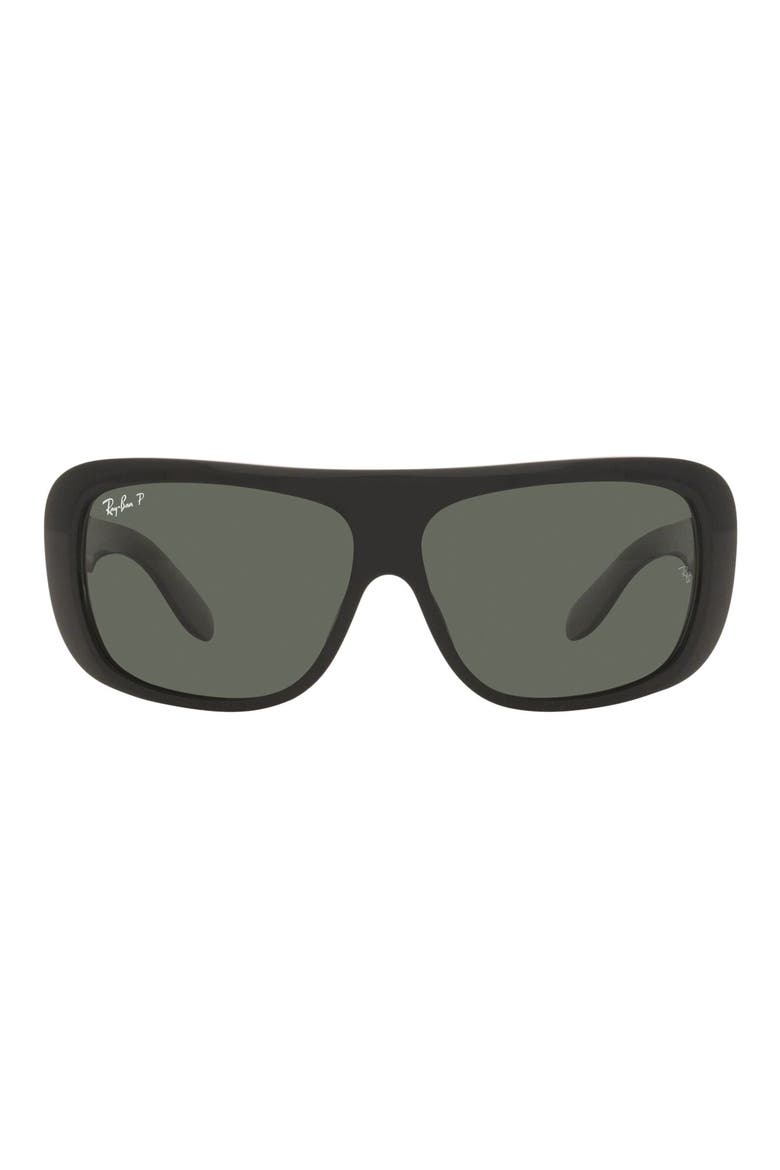 55mm Polarized Rectangular Sunglasses, Main, color, BLACK/ POLARIZED GREEN