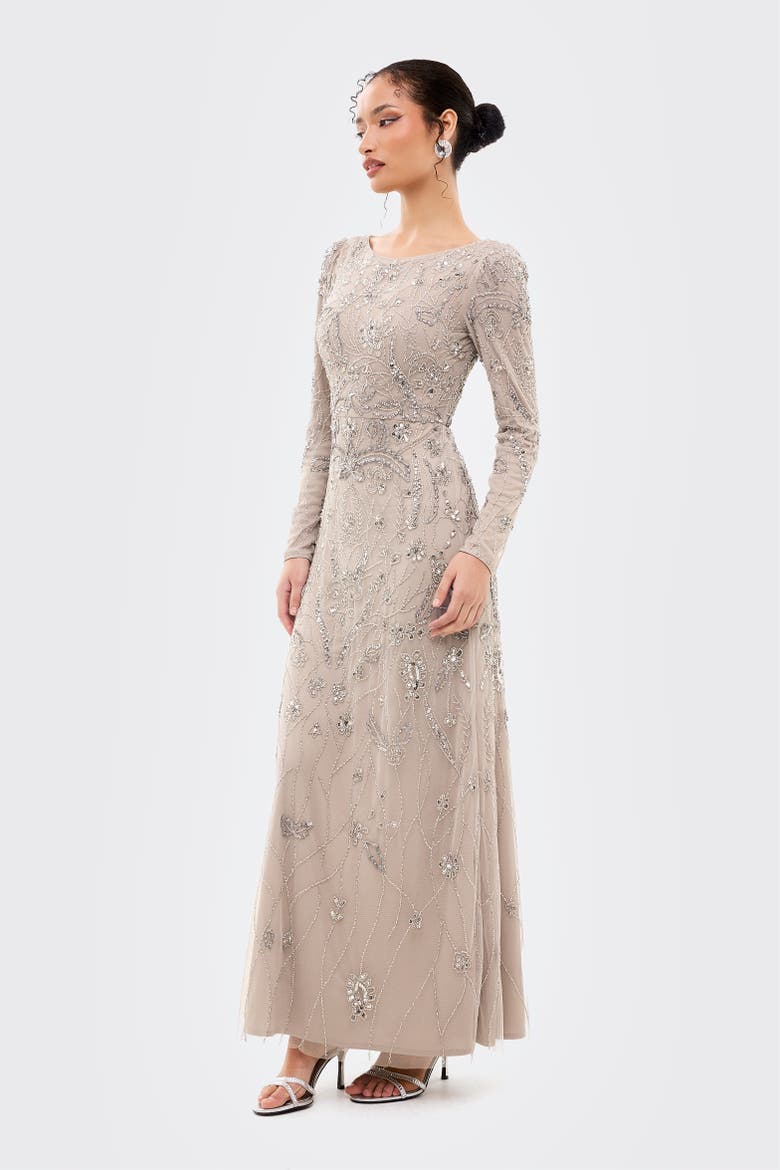 Modest Floral Embellished Sequins Maxi Dress, Alternate, color, GREY