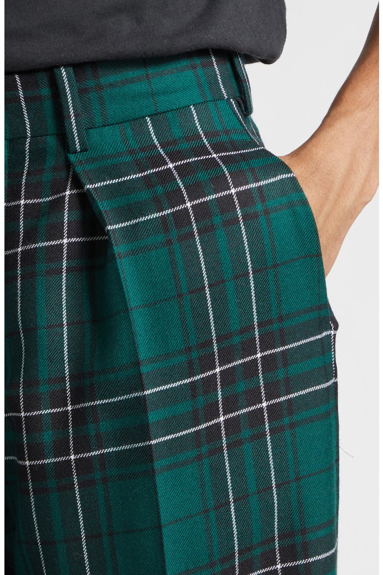 Plaid Pleated Straight Leg Wool Trousers, Alternate, color, FOREST GREEN
