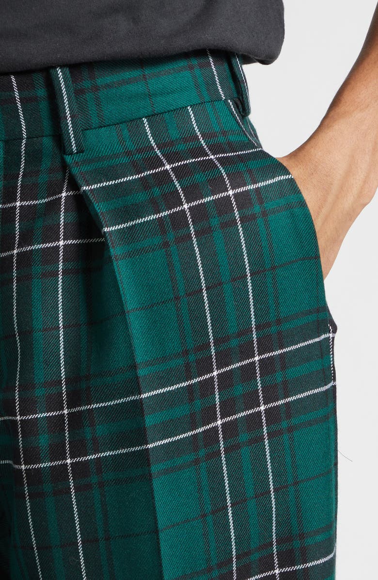 JW Anderson Plaid Pleated Straight Leg Wool Trousers, Alternate, color, Forest Green