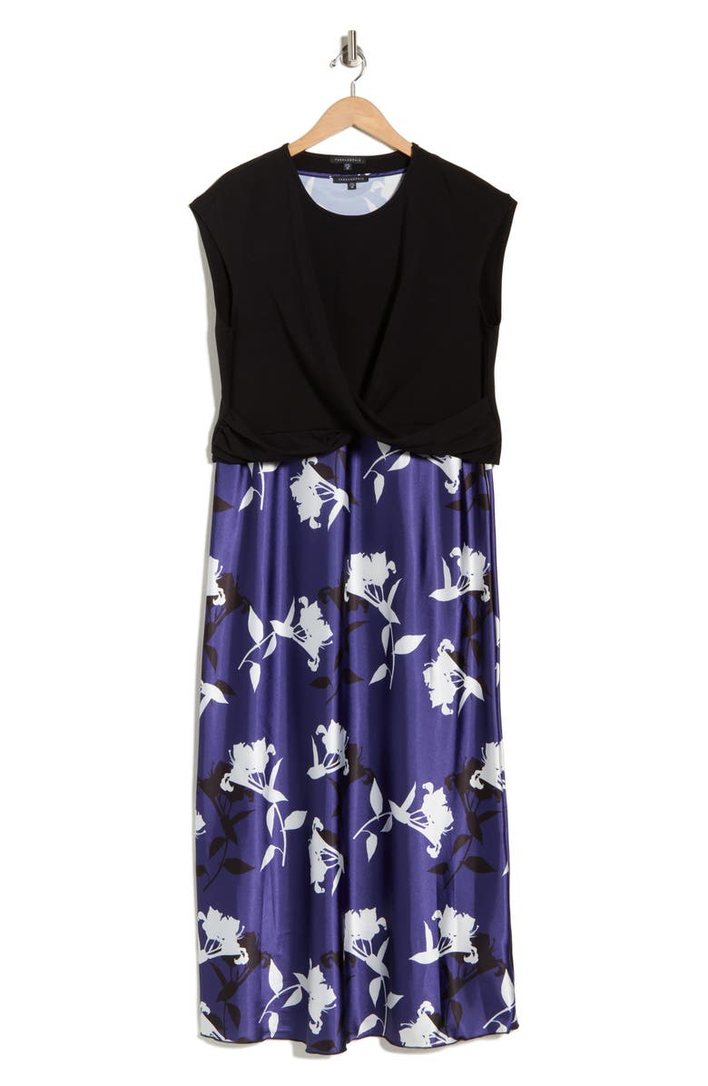 TASH AND SOPHIE Floral Satin Slipdress & Cap Sleeve Top Set, Main, color, Navy White