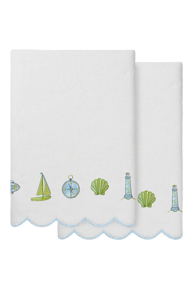 2-Piece Sea Joy Embroidered Turkish Cotton Bath Towel Set, Main, color, WHITE/ BLUE