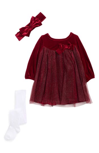Baby Starters Velour Dress, Headband & Tights Set In Red