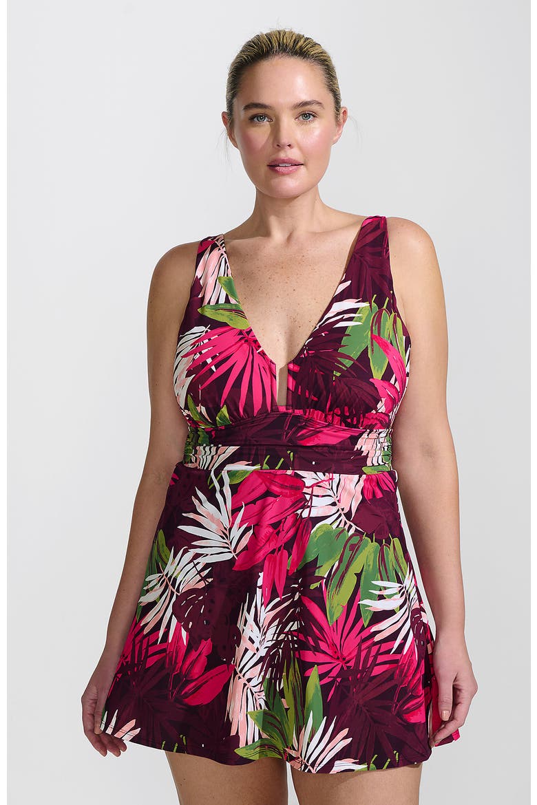 Slender Suit Shine U-Wire Swim Dress Swimsuit, Main, color, Dark Wine Multi Tropical Palm