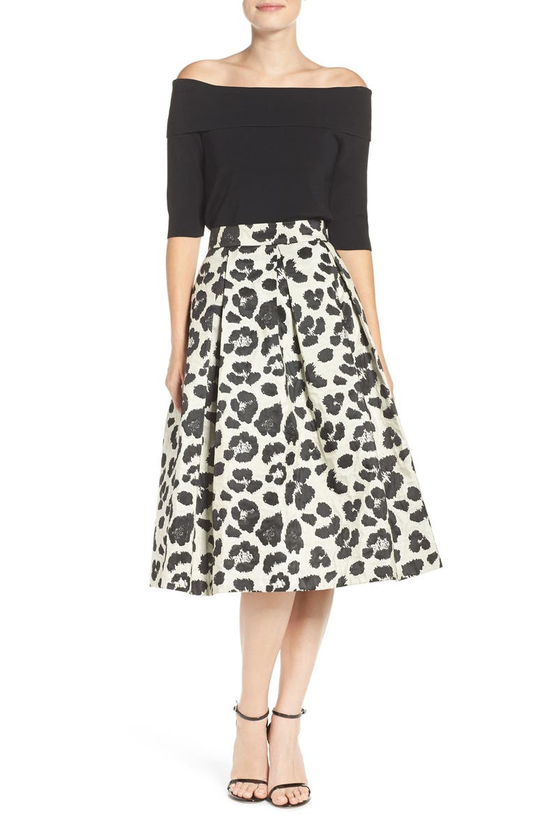 Metallic Jacquard Midi Skirt, Alternate, color, BLACK IVORY