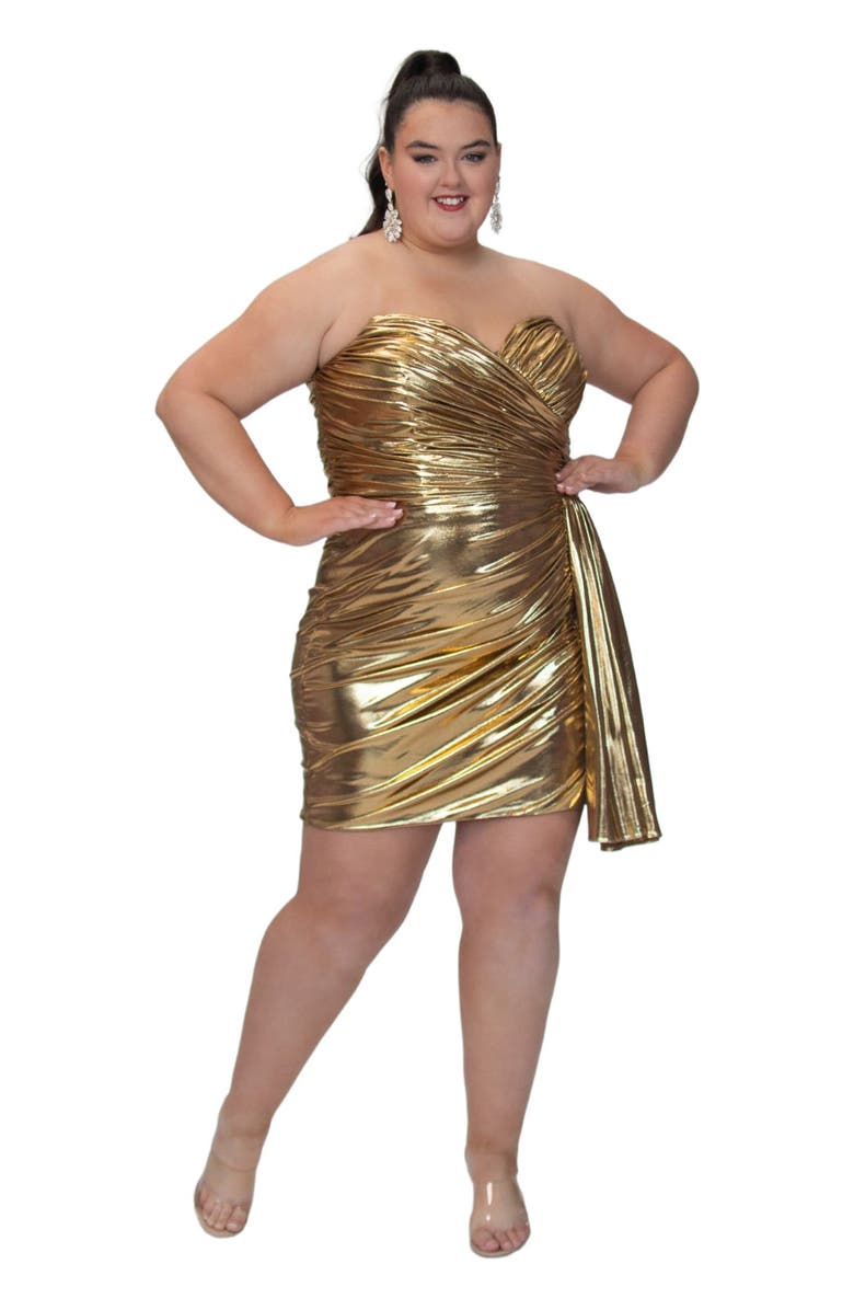 Sydney's Closet Metallic Strapless Short Party Dress with Drape Flyaway, Alternate, color, Gold