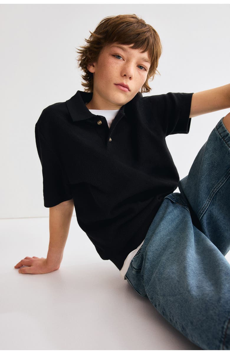 H&M Waffle-knit Polo Shirt, Alternate, color, Black