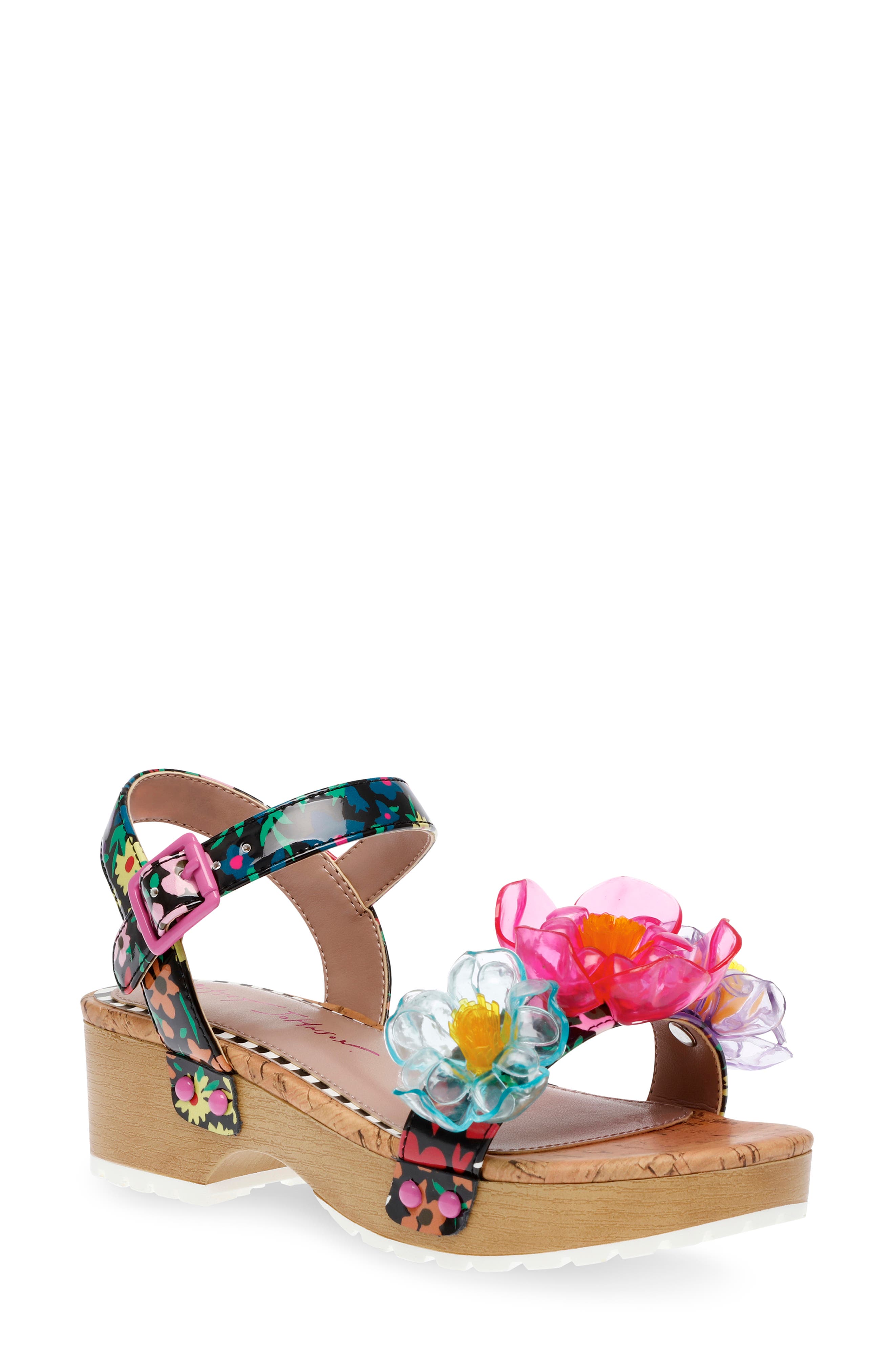 Betsey Johnson Kids' Oakly Ankle Strap Platform Sandal in Black/Pink Multi 