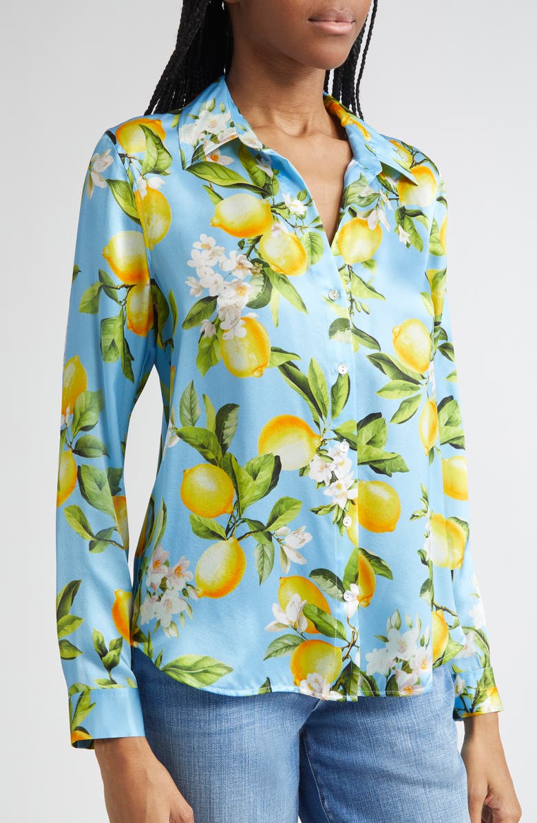 L'AGENCE Tyler Lemon Print Silk Button-Up Shirt, Alternate, color, 