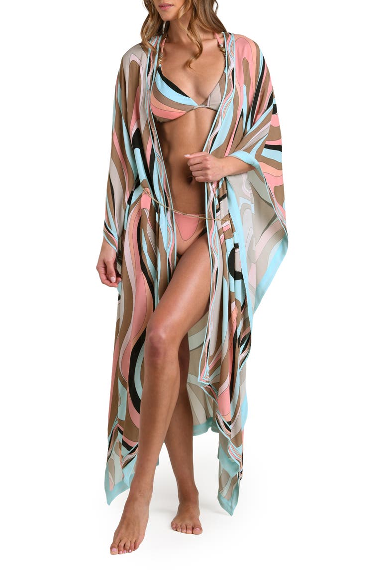 Kara Abstract Swirl Cover-Up Maxi Duster, Main, color, BROWN MULTI