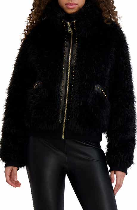 KARL LAGERFELD PARIS Shaggy Studded Faux Fur Bomber Jacket
