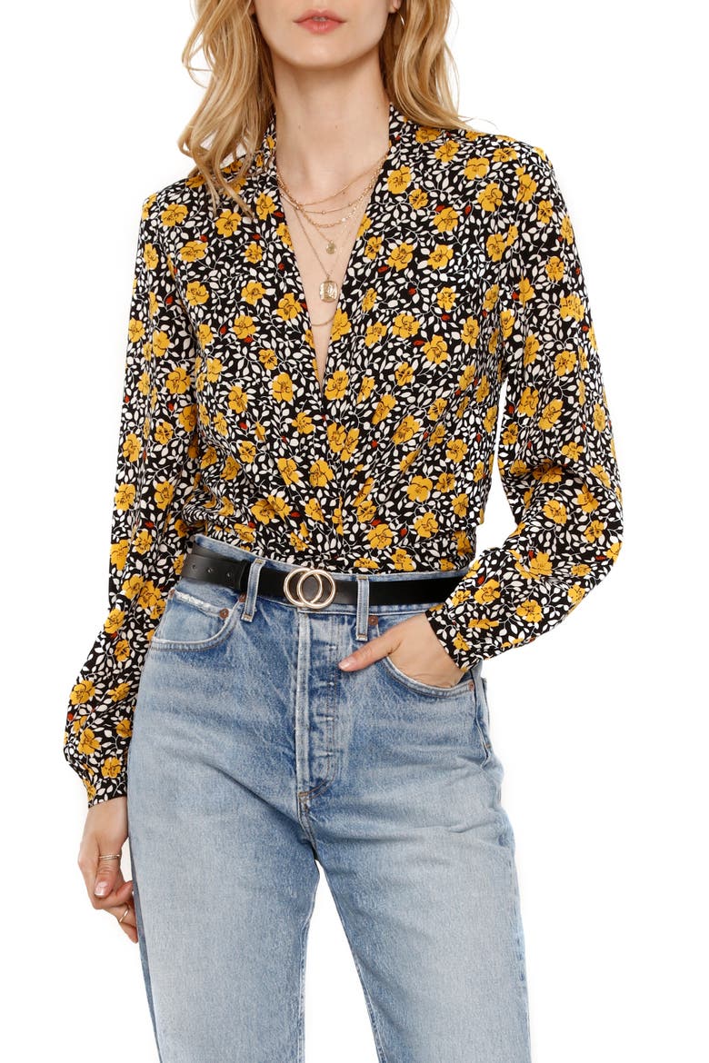 Camille Floral Print Faux Wrap Top, Main, color, BUTTERCUP