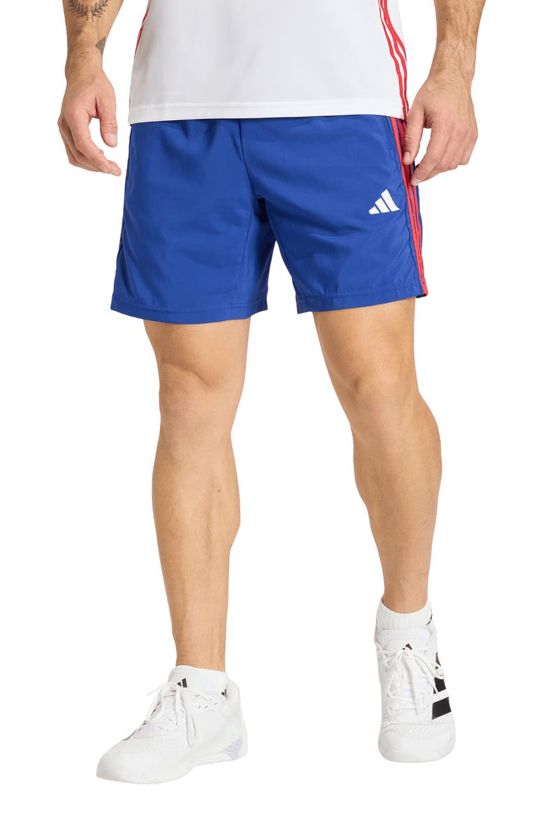 Workout Essentials Base 3-Stripes Shorts, Main, color, MYSTERY INK/ BETTER SCARLET